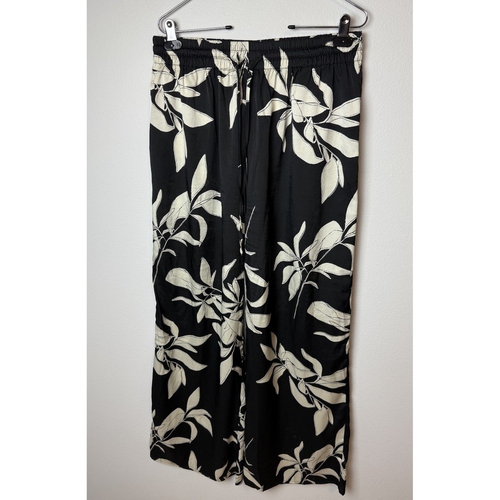 Entro Women's Wide Leg Palazzo Pants Sz Lg Black White Floral Drawstring